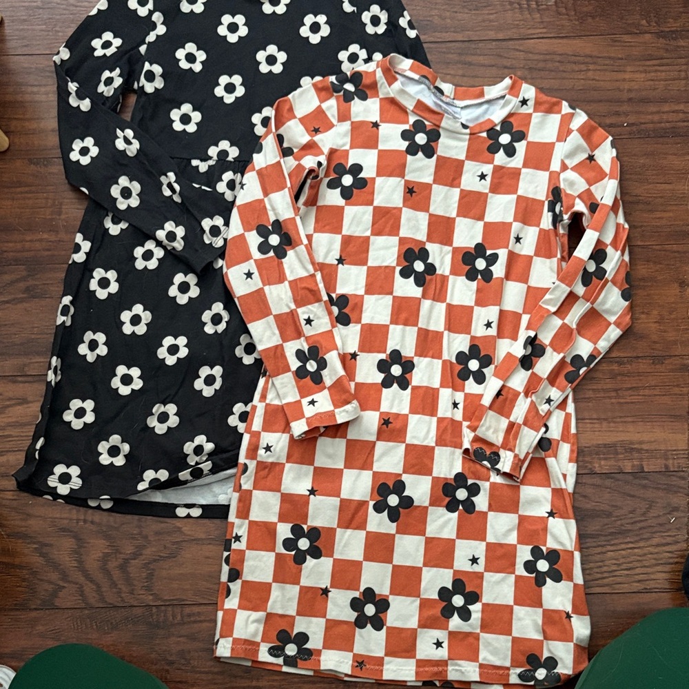 Trendy retro girls Floral and Checkered Long Sleeve Dresses sz 8